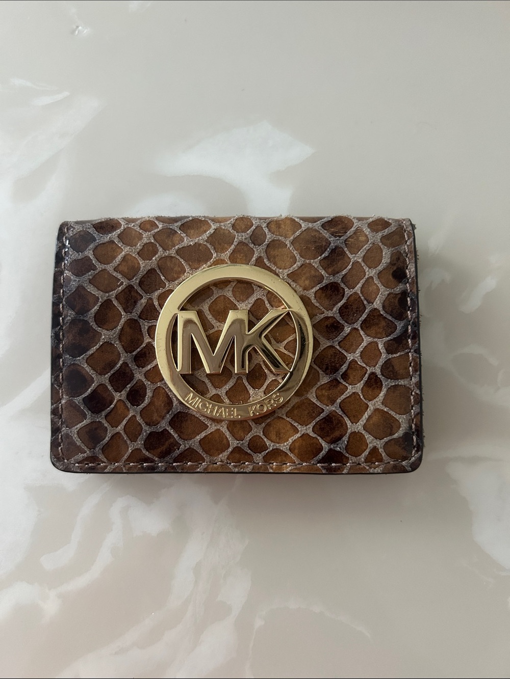 Michael Kors Brown Snake-Print Card Holder with Gold MK Emblem